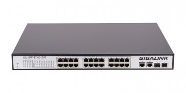 Фотография товара 'Gigalink Коммутатор неуправляемый, 24 PoE (802.3af) портов 100Мб/с, 2 ComboSFP 1000Мб/с, 250Вт GL-SW-F003-24P'