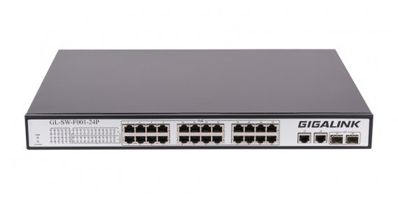 Фотография товара 'Gigalink Коммутатор неуправляемый, 24 PoE (802.3af) порта 100Мбит/с, 2 ComboSFP 1000Мбит/с, 400Вт GL-SW-F001-24P'
